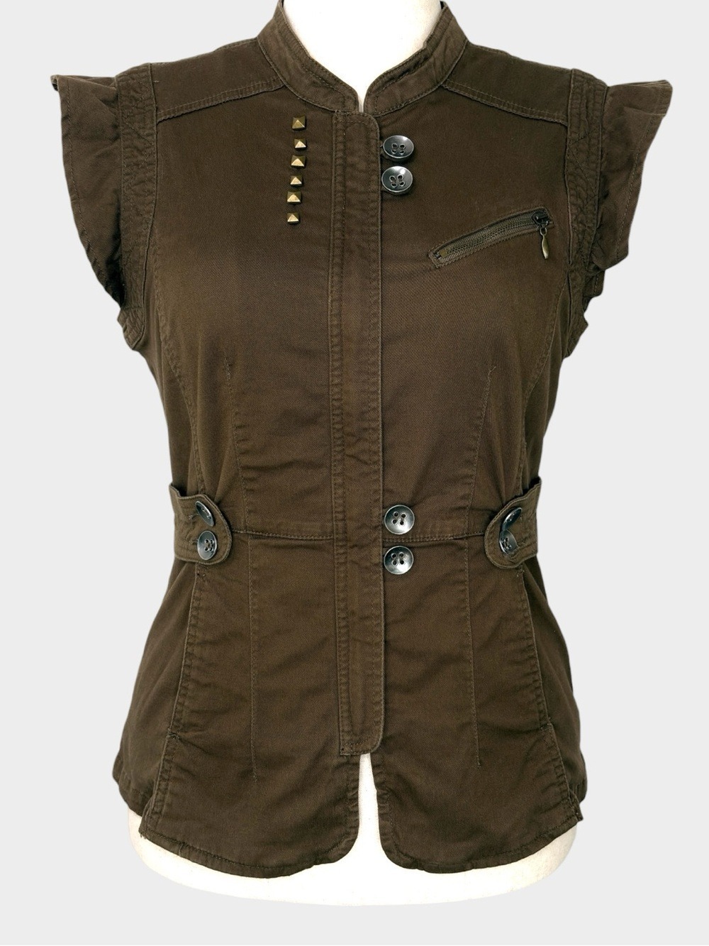 AMI Cyber Y2K Utility Vest Military Studded Techwear Ruffle Sleeve M